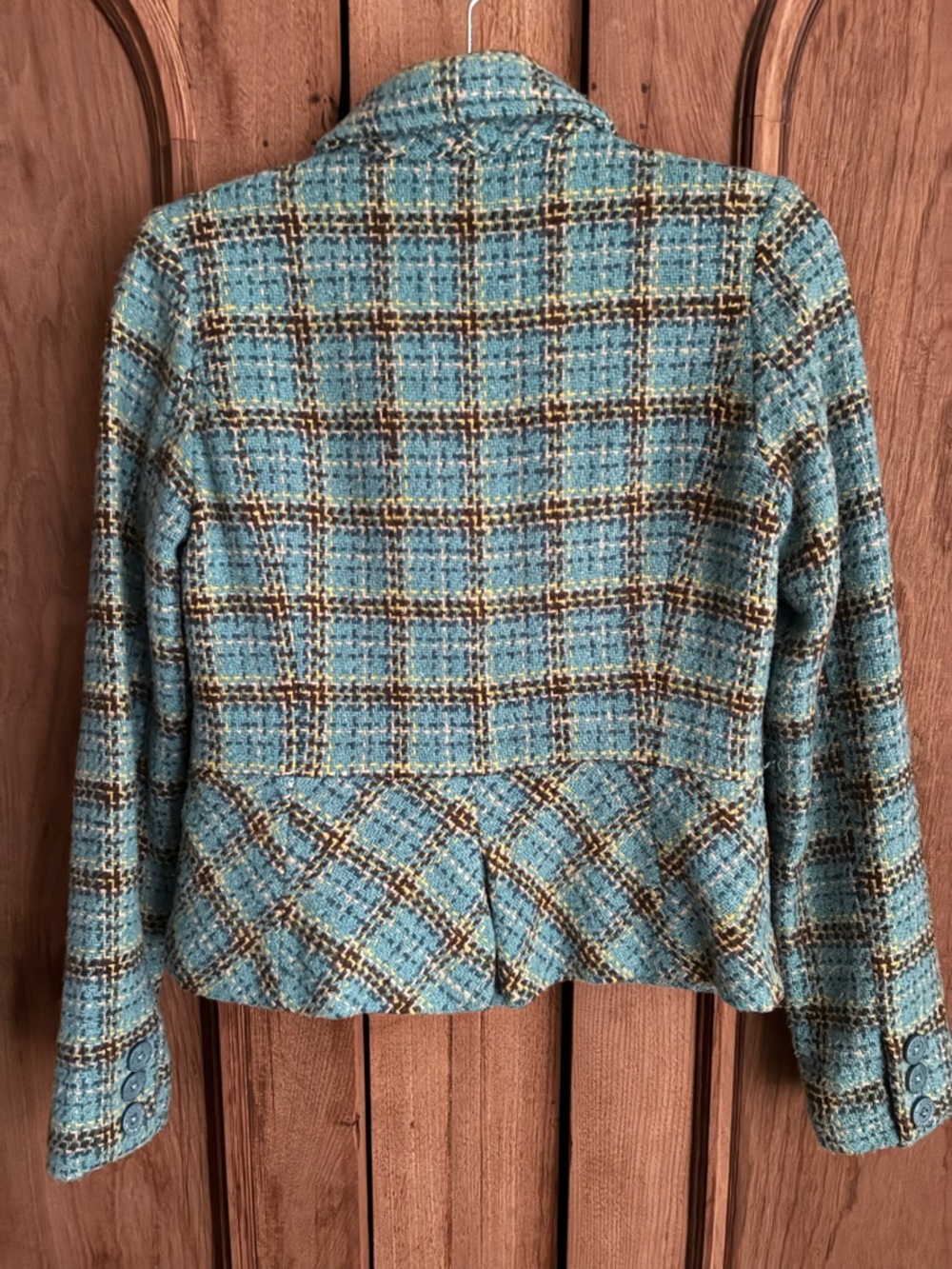 Vintage Dynamite Teal Blue Plaid Tweed Double Breasted Jacket Coat - Picture 2 of 3